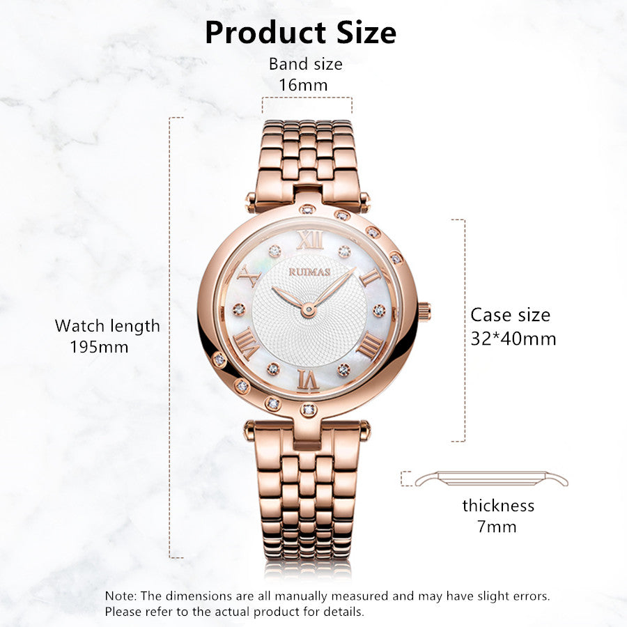 Silver luxury women's quartz bracelet watch with round face, crystal accents, Roman numerals, stainless steel band, elegant design