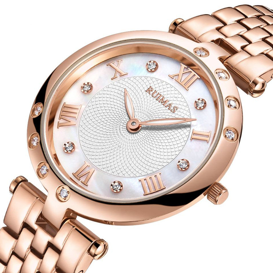 Silver luxury women's quartz bracelet watch with round face, crystal accents, Roman numerals, stainless steel band, elegant designSilver luxury women's quartz bracelet watch with round face, crystal accents, Roman numerals, stainless steel band, elegant design