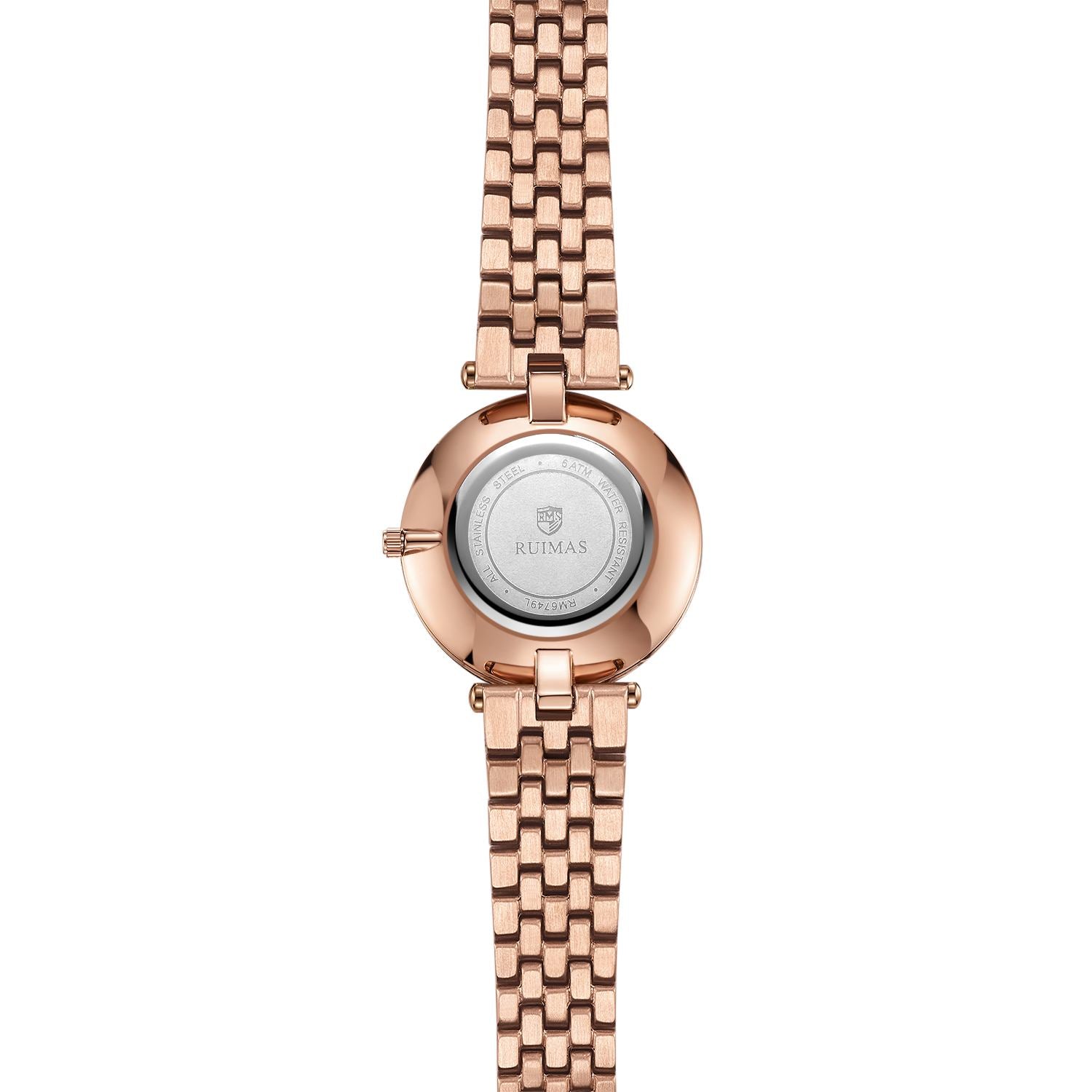 Silver luxury women's quartz bracelet watch with round face, crystal accents, Roman numerals, stainless steel band, elegant design