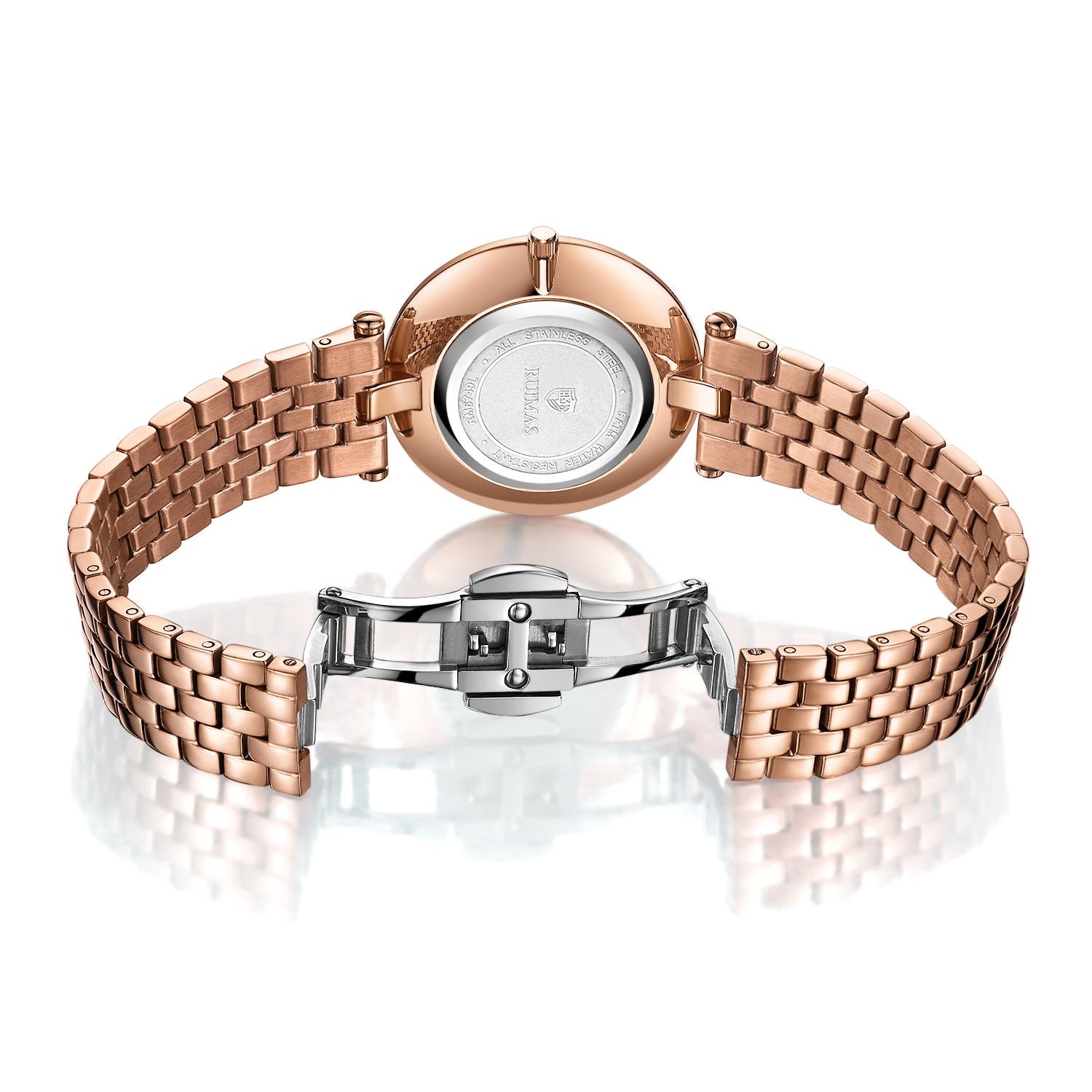 Silver luxury women's quartz bracelet watch with round face, crystal accents, Roman numerals, stainless steel band, elegant design