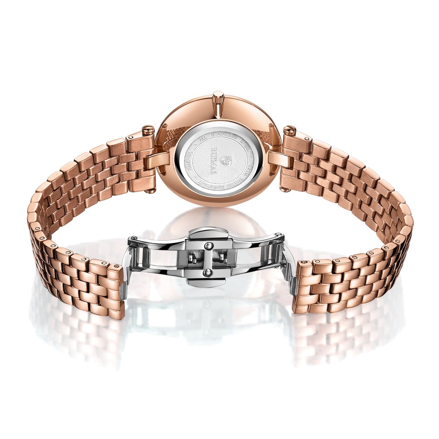 Silver luxury women's quartz bracelet watch with round face, crystal accents, Roman numerals, stainless steel band, elegant design