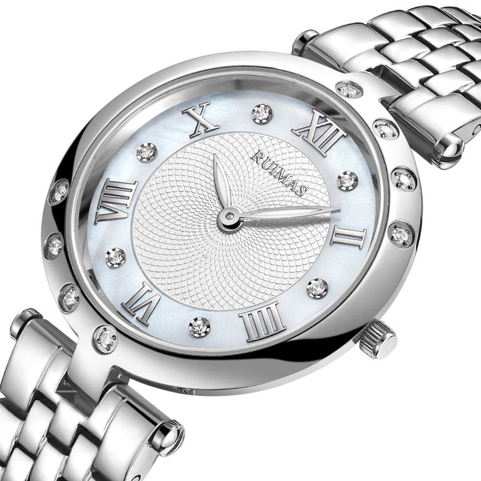 Silver luxury women's quartz bracelet watch with round face, crystal accents, Roman numerals, stainless steel band, elegant design
