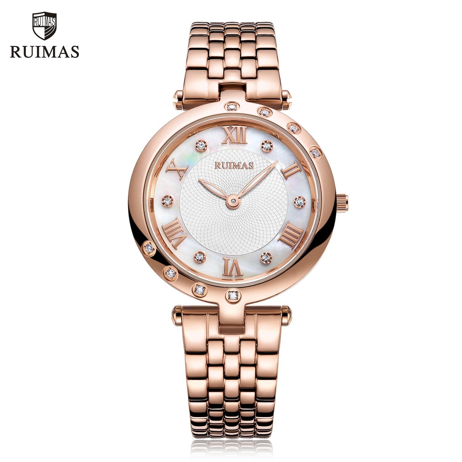 Silver luxury women's quartz bracelet watch with round face, crystal accents, Roman numerals, stainless steel band, elegant design