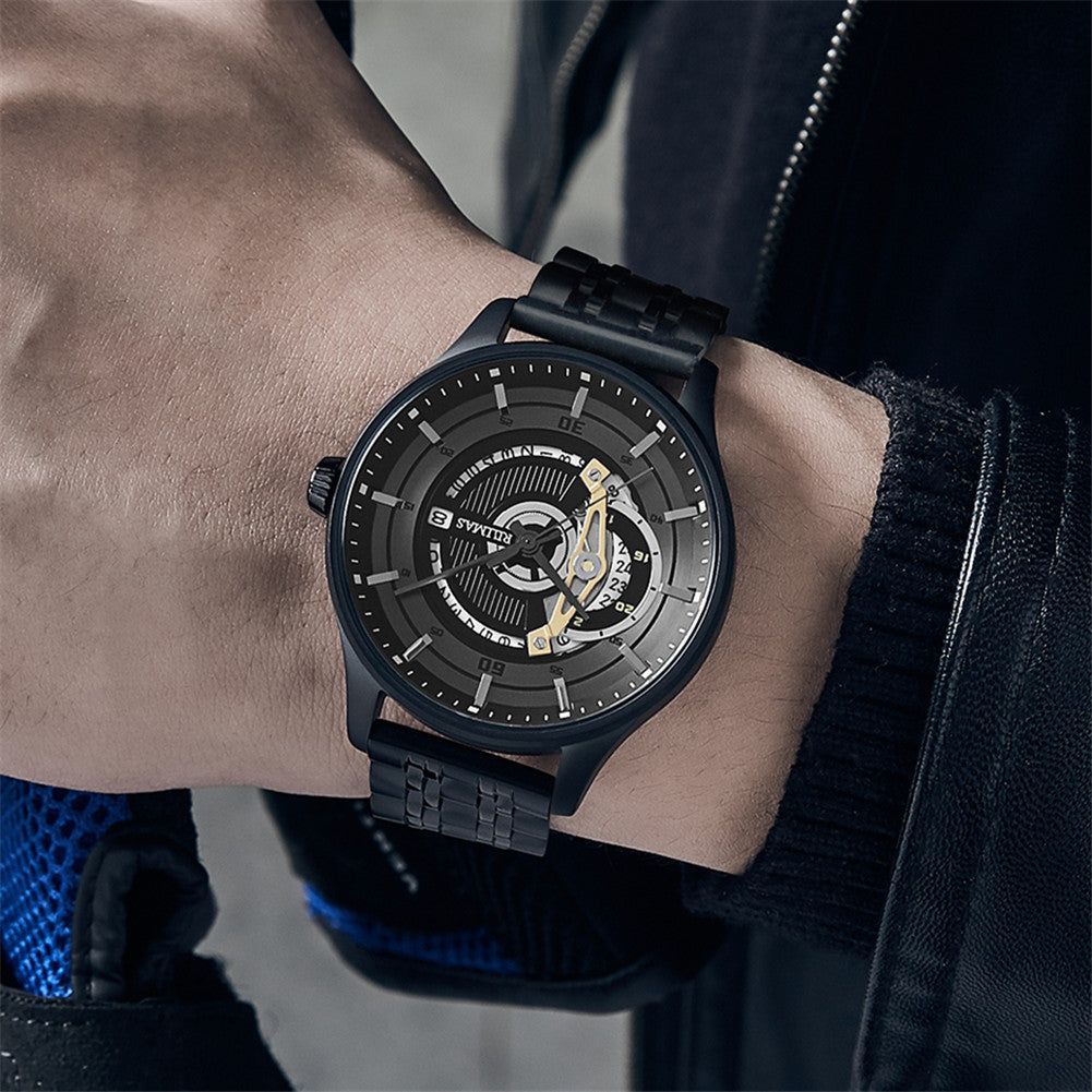 Black men's luxury automatic mechanical watch with a round dial, intricate skeleton design, stainless steel strap, and modern style