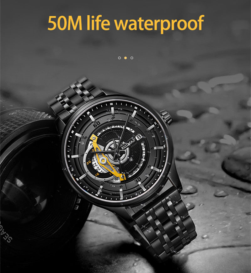 Black men's luxury automatic mechanical watch with a round dial, intricate skeleton design, stainless steel strap, and modern style