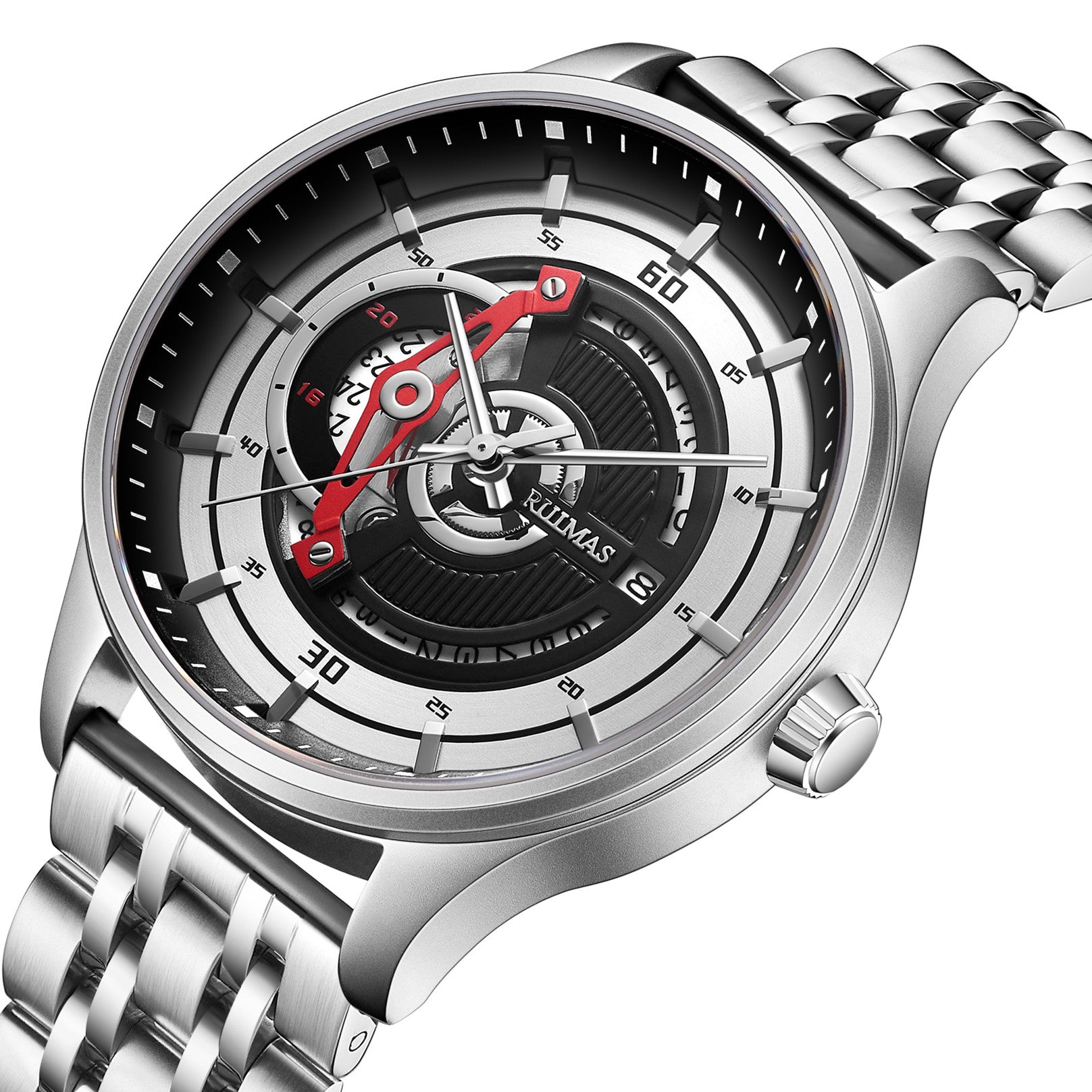 Black men's luxury automatic mechanical watch with a round dial, intricate skeleton design, stainless steel strap, and modern style