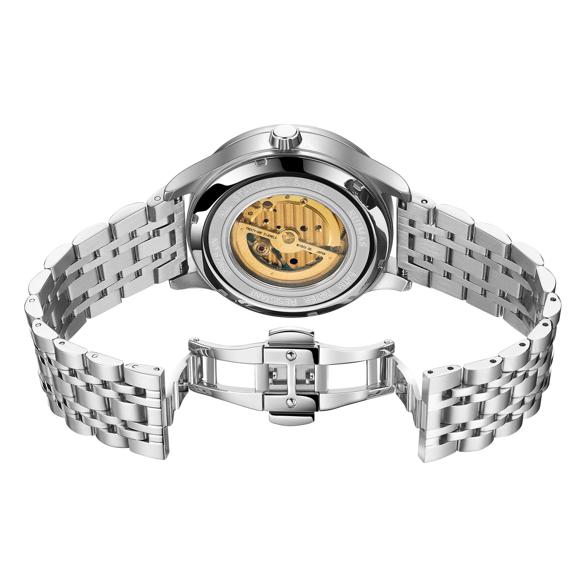 Black men's luxury automatic mechanical watch with a round dial, intricate skeleton design, stainless steel strap, and modern style