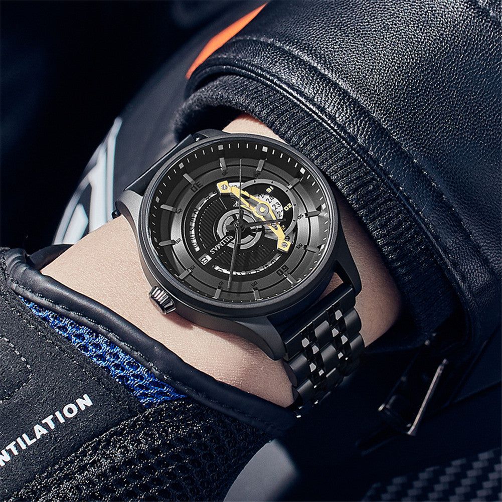 Black men's luxury automatic mechanical watch with a round dial, intricate skeleton design, stainless steel strap, and modern style