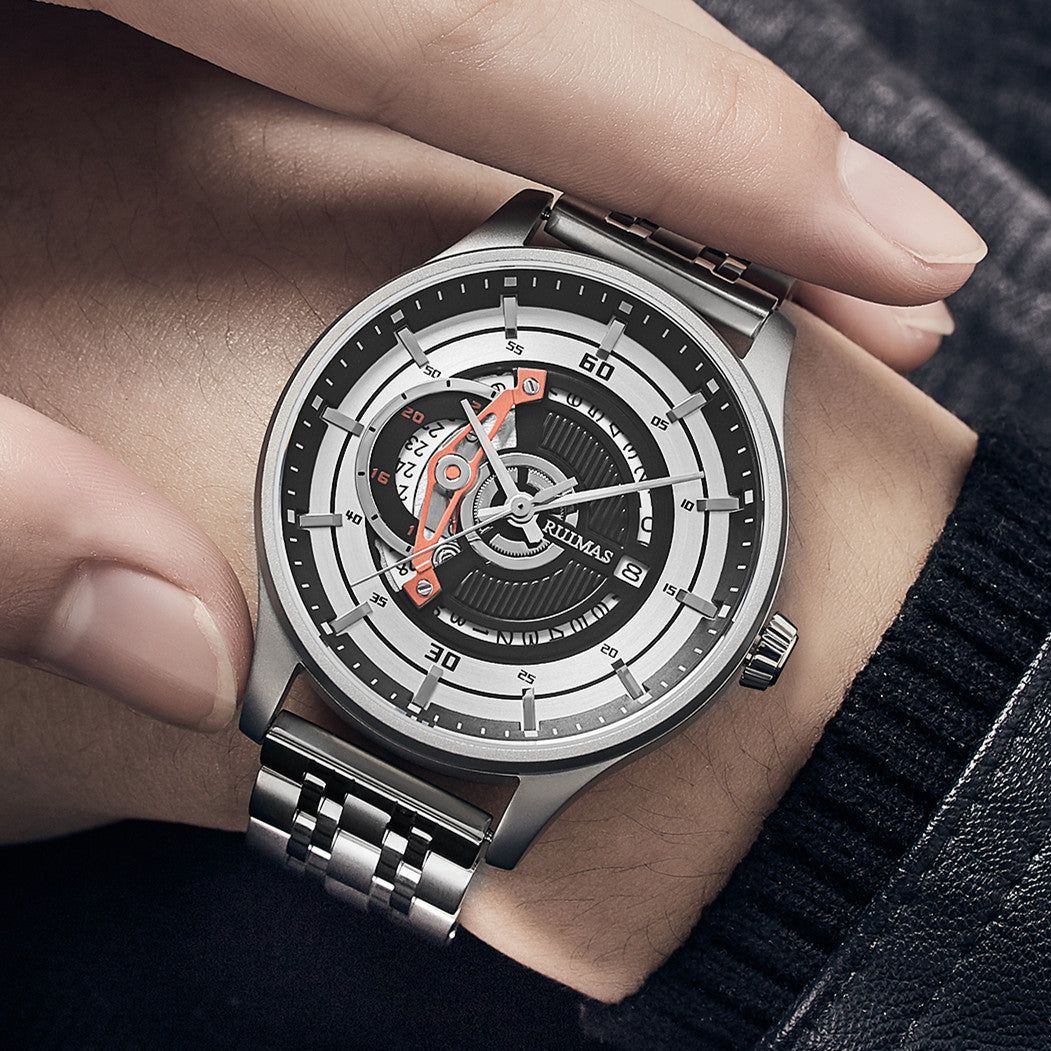 Black men's luxury automatic mechanical watch with a round dial, intricate skeleton design, stainless steel strap, and modern style