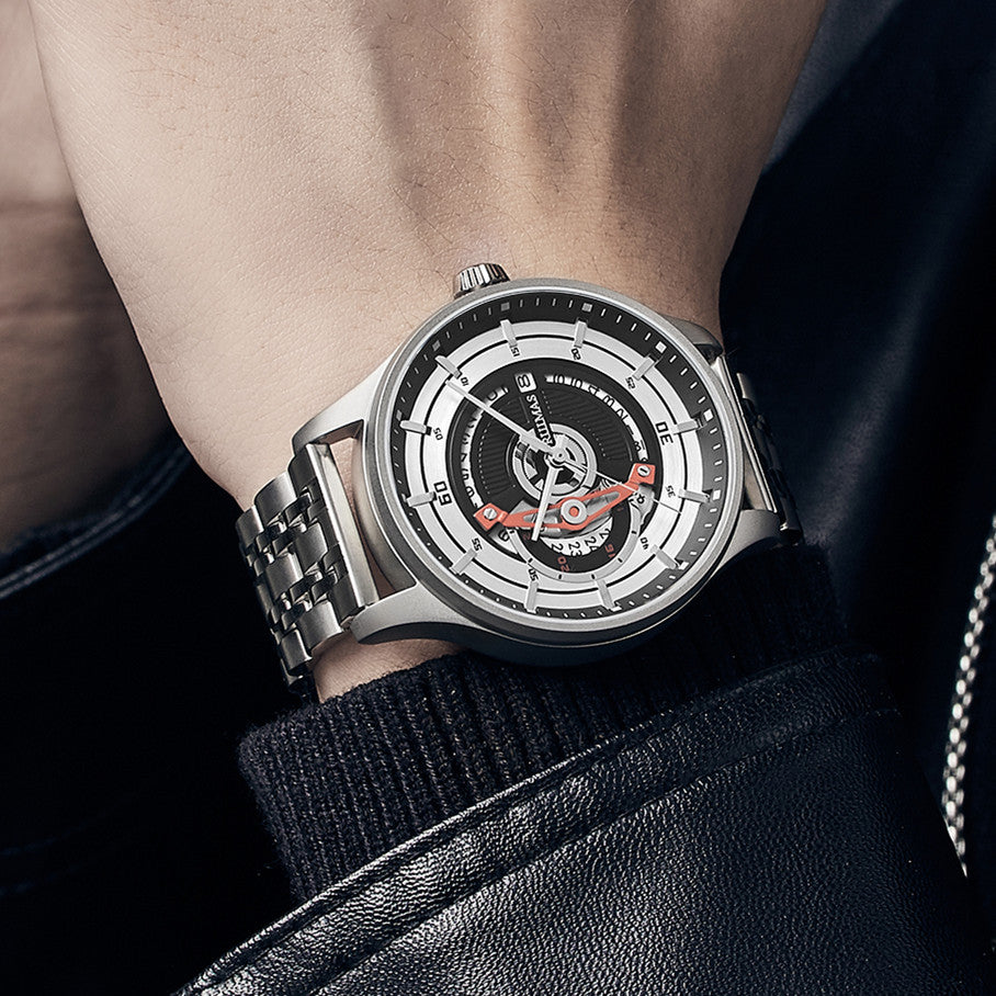 Black men's luxury automatic mechanical watch with a round dial, intricate skeleton design, stainless steel strap, and modern style