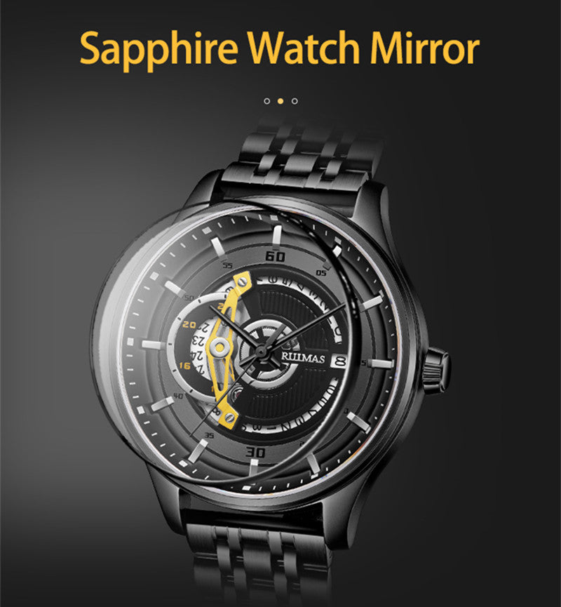 Black men's luxury automatic mechanical watch with a round dial, intricate skeleton design, stainless steel strap, and modern style