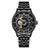Black men's luxury automatic mechanical watch with a round dial, intricate skeleton design, stainless steel strap, and modern style
