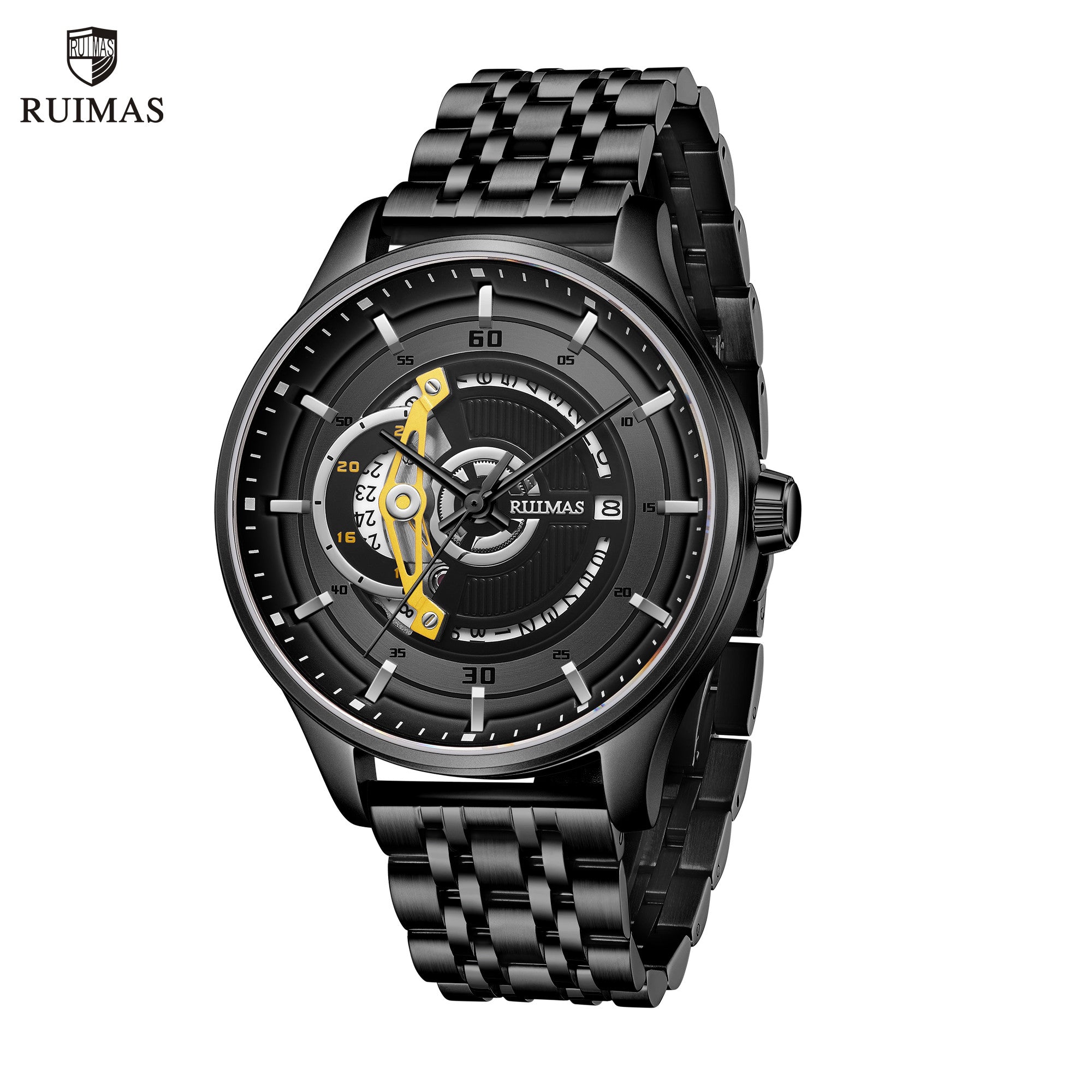 Black men's luxury automatic mechanical watch with a round dial, intricate skeleton design, stainless steel strap, and modern style