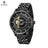 Black men's luxury automatic mechanical watch with a round dial, intricate skeleton design, stainless steel strap, and modern style