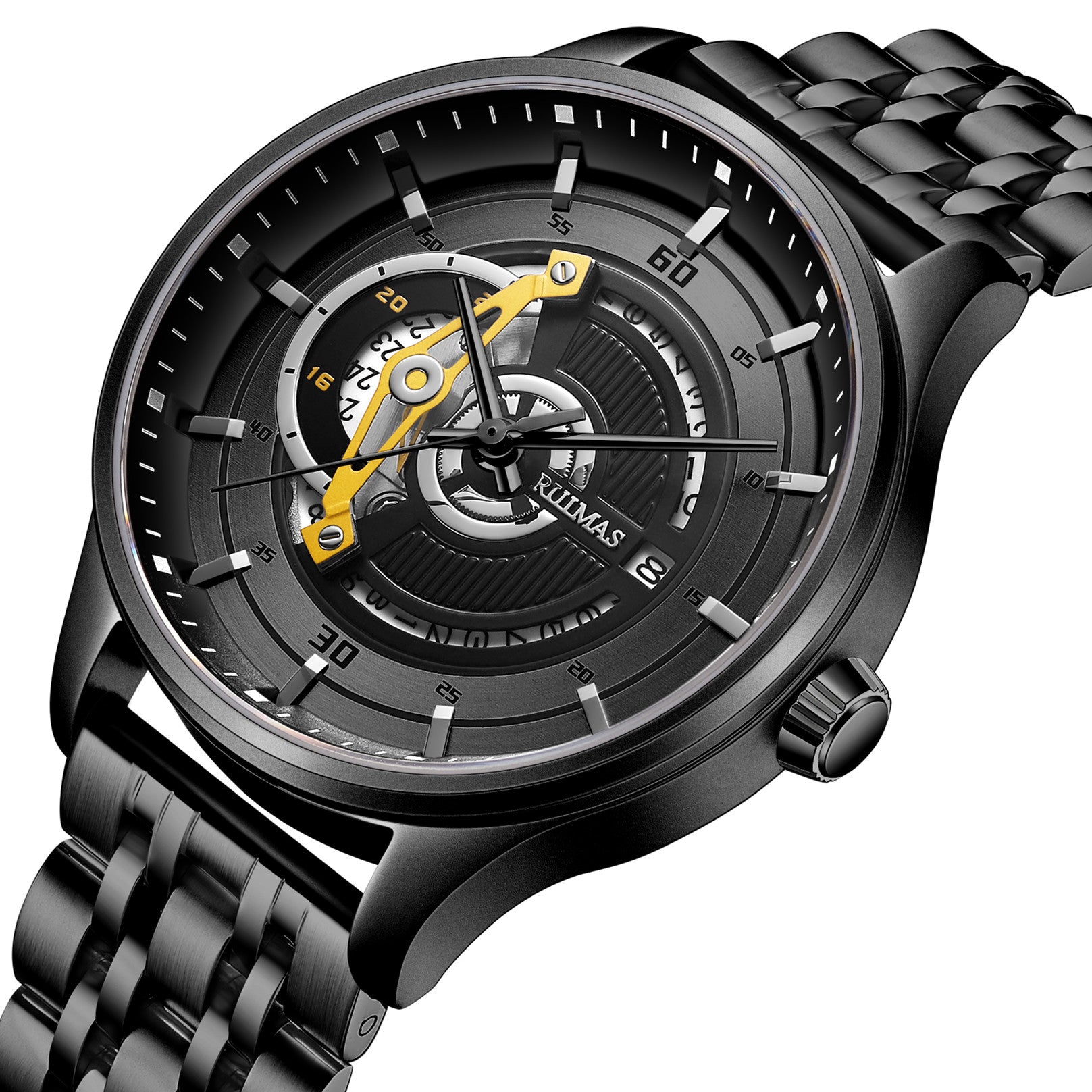 Black men's luxury automatic mechanical watch with a round dial, intricate skeleton design, stainless steel strap, and modern style