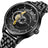 Black men's luxury automatic mechanical watch with a round dial, intricate skeleton design, stainless steel strap, and modern style