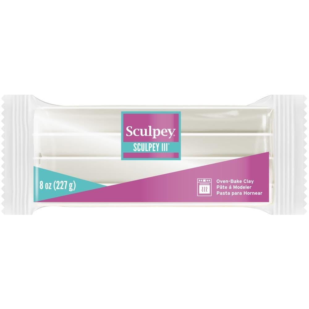 Silver logo of Sculpey III Pearl polymer clay in a white and purple package, 8oz (227g), oven-bake, suitable for jewelry and crafts