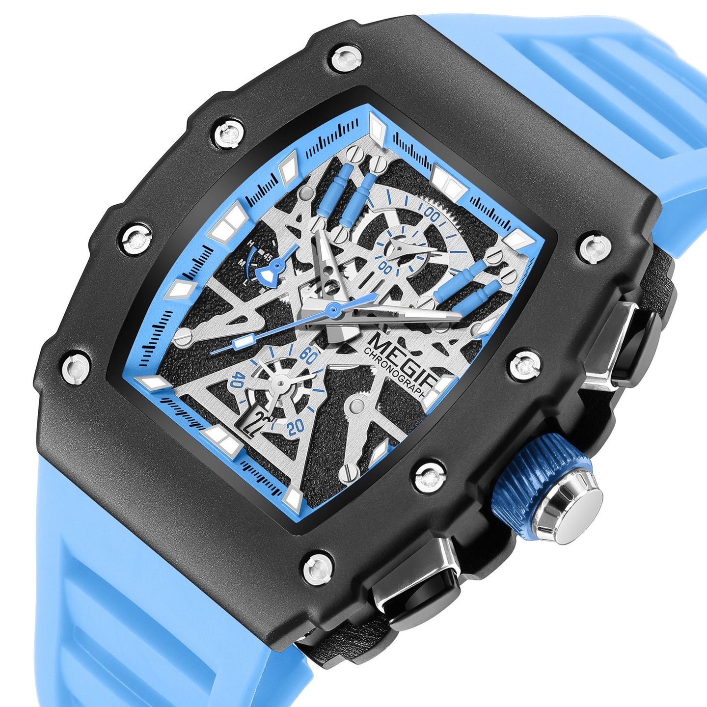 Black and orange MEGIR 2218 men's military chronograph watch with skeleton dial, silicone strap, and multiple subdials for outdoor sports