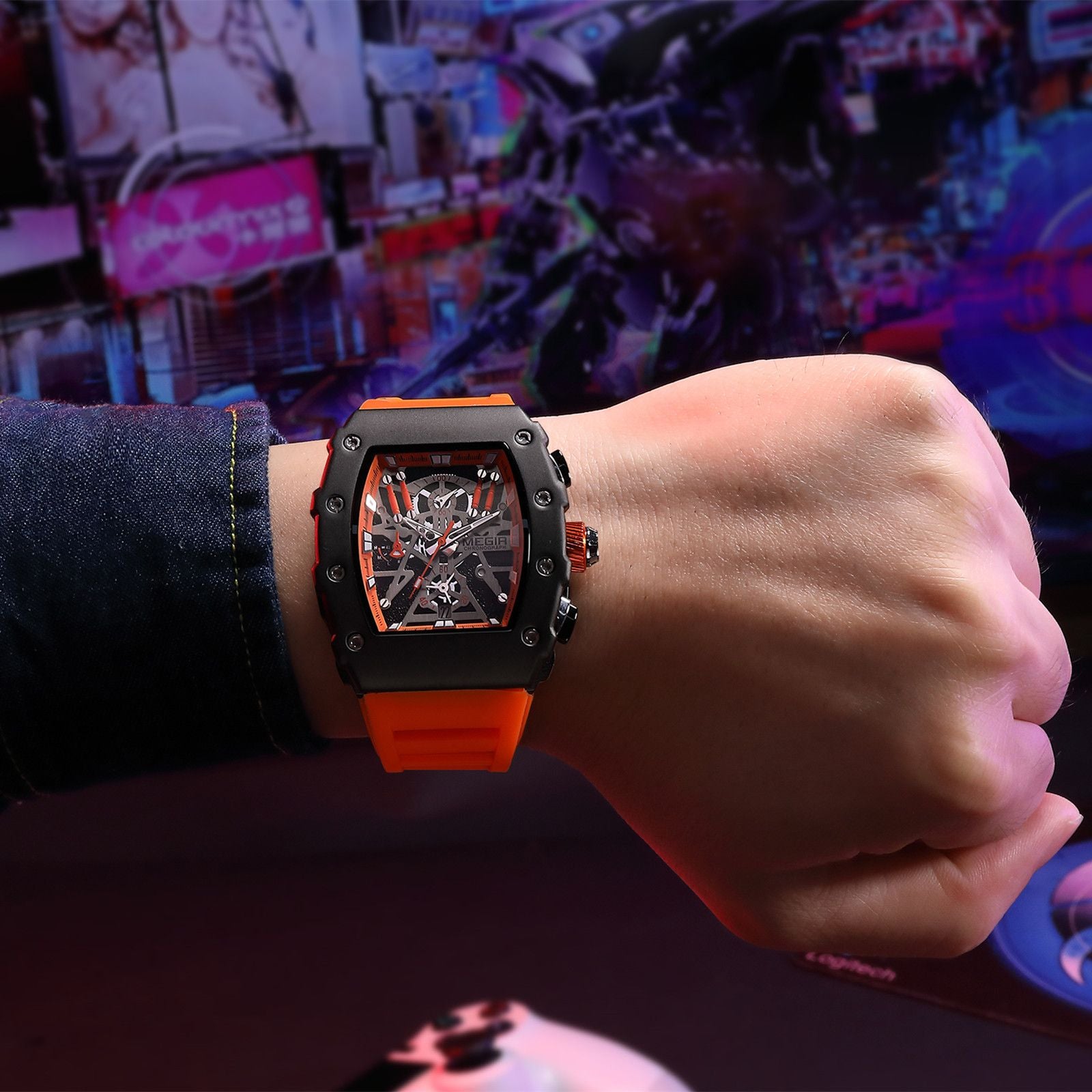 Black and orange MEGIR 2218 men's military chronograph watch with skeleton dial, silicone strap, and multiple subdials for outdoor sports