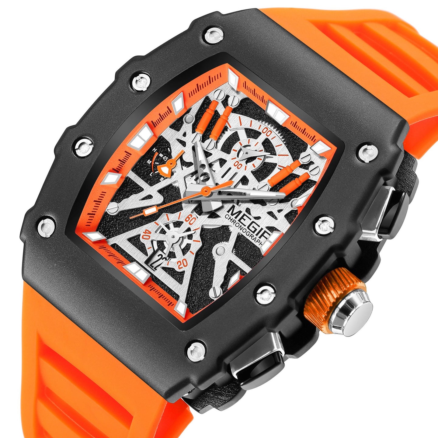 Black and orange MEGIR 2218 men's military chronograph watch with skeleton dial, silicone strap, and multiple subdials for outdoor sports