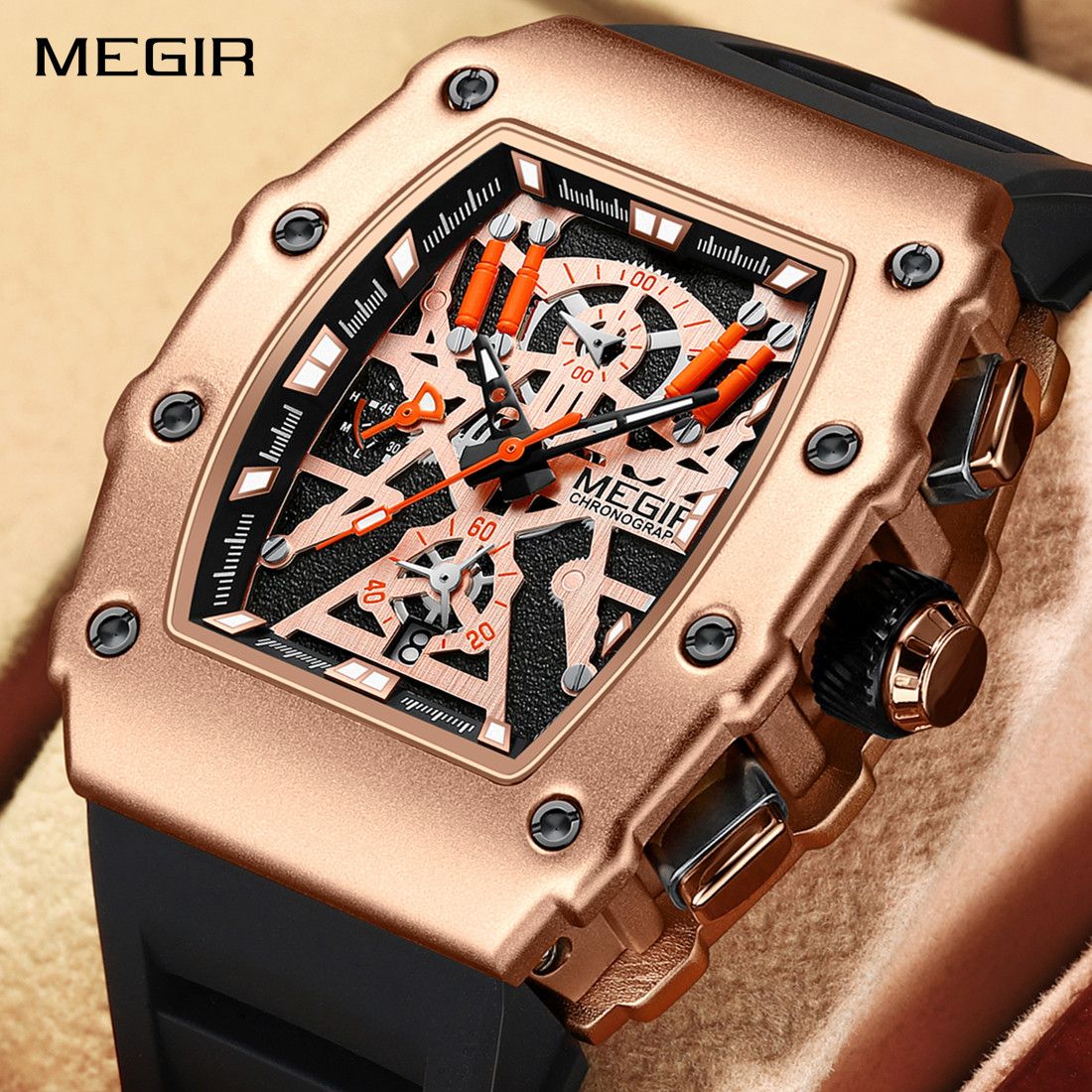 Black and orange MEGIR 2218 men's military chronograph watch with skeleton dial, silicone strap, and multiple subdials for outdoor sports