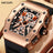 Black and orange MEGIR 2218 men's military chronograph watch with skeleton dial, silicone strap, and multiple subdials for outdoor sports