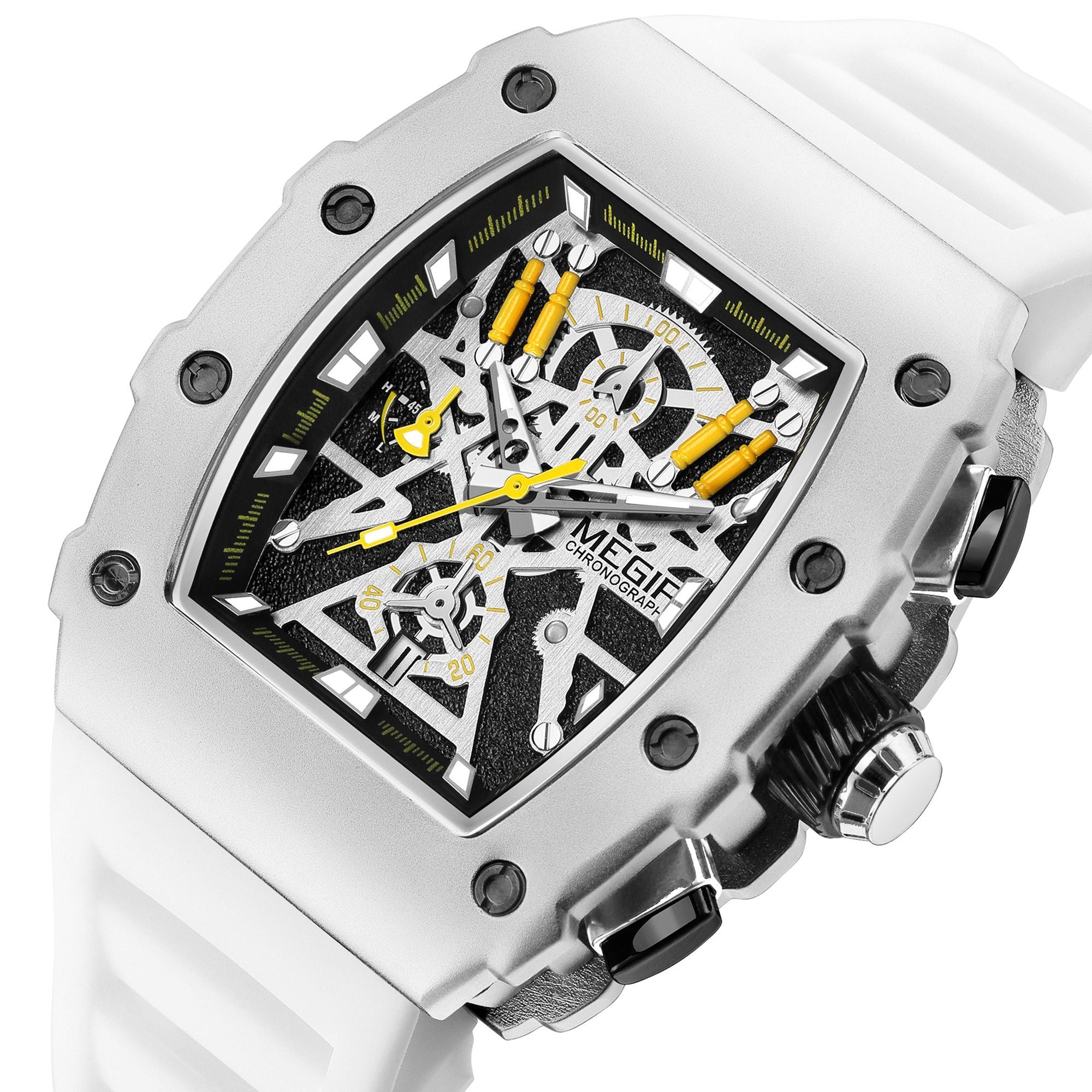 Black and orange MEGIR 2218 men's military chronograph watch with skeleton dial, silicone strap, and multiple subdials for outdoor sports