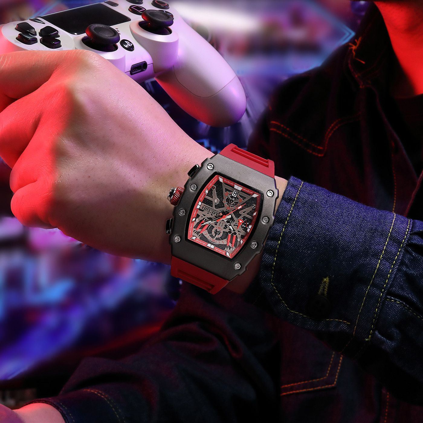 Black and orange MEGIR 2218 men's military chronograph watch with skeleton dial, silicone strap, and multiple subdials for outdoor sports