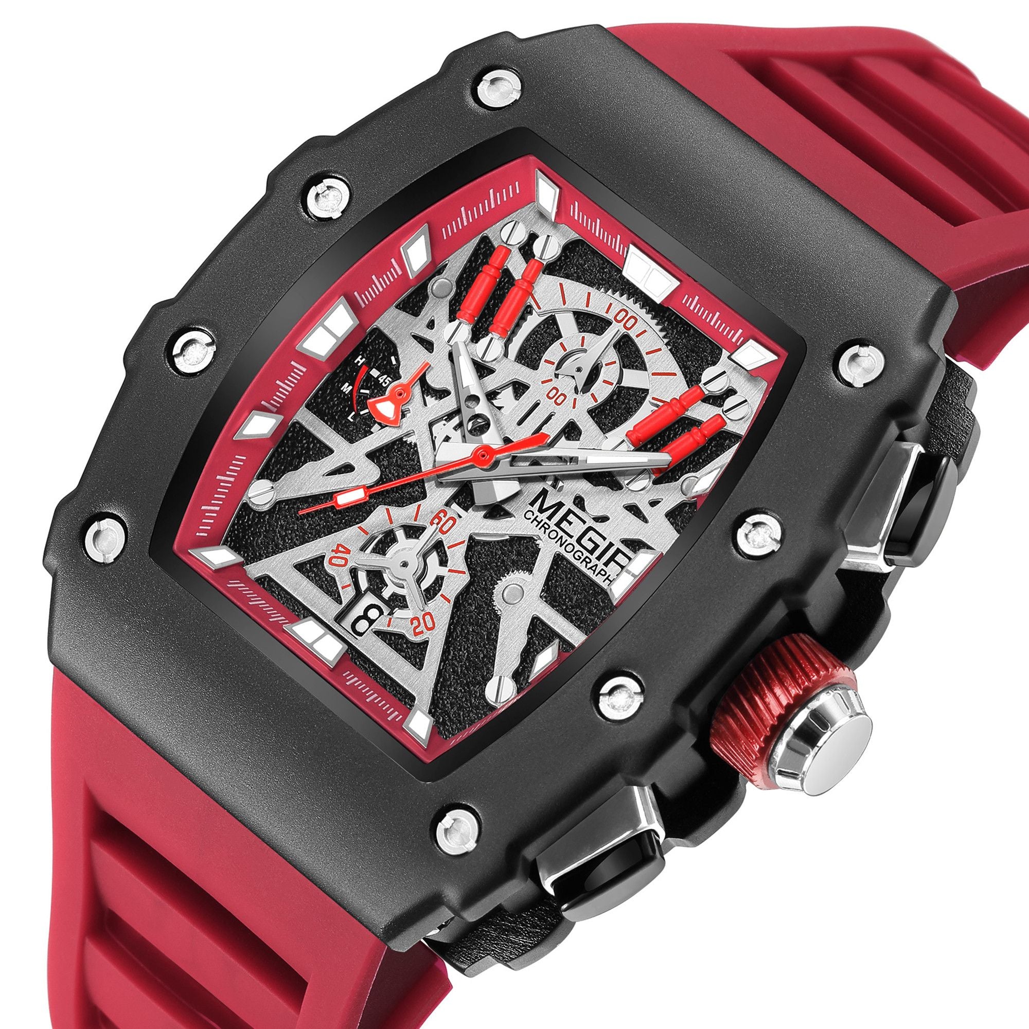 Black and orange MEGIR 2218 men's military chronograph watch with skeleton dial, silicone strap, and multiple subdials for outdoor sports