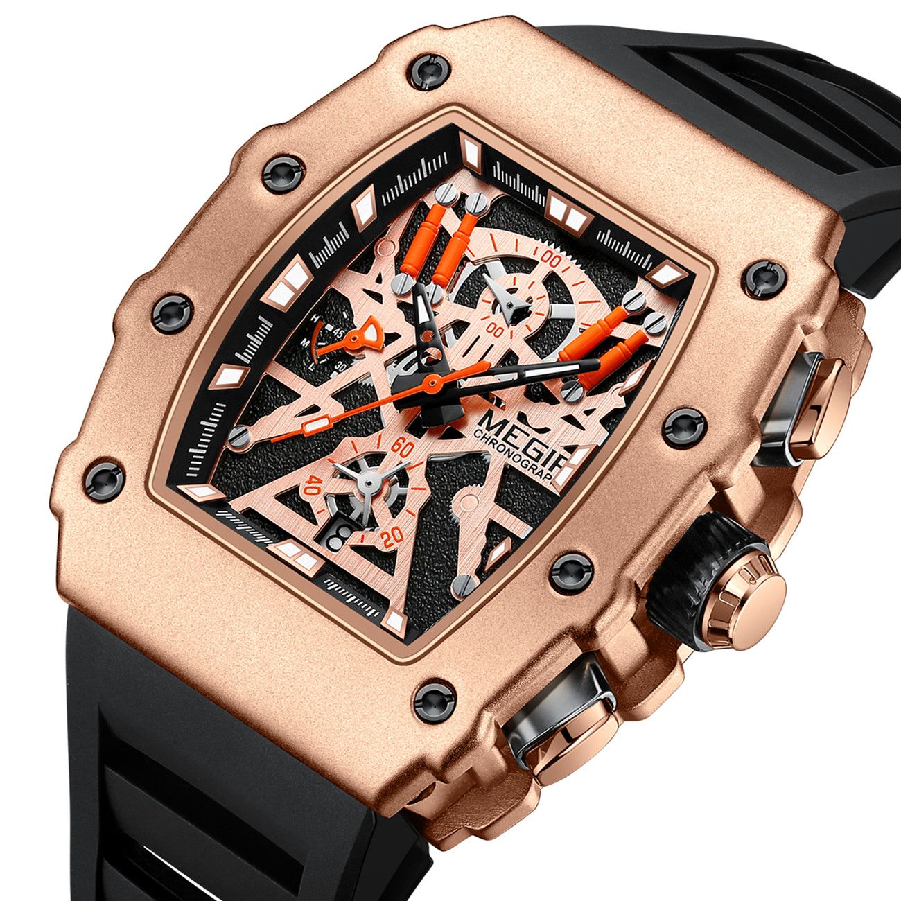 Black and orange MEGIR 2218 men's military chronograph watch with skeleton dial, silicone strap, and multiple subdials for outdoor sports