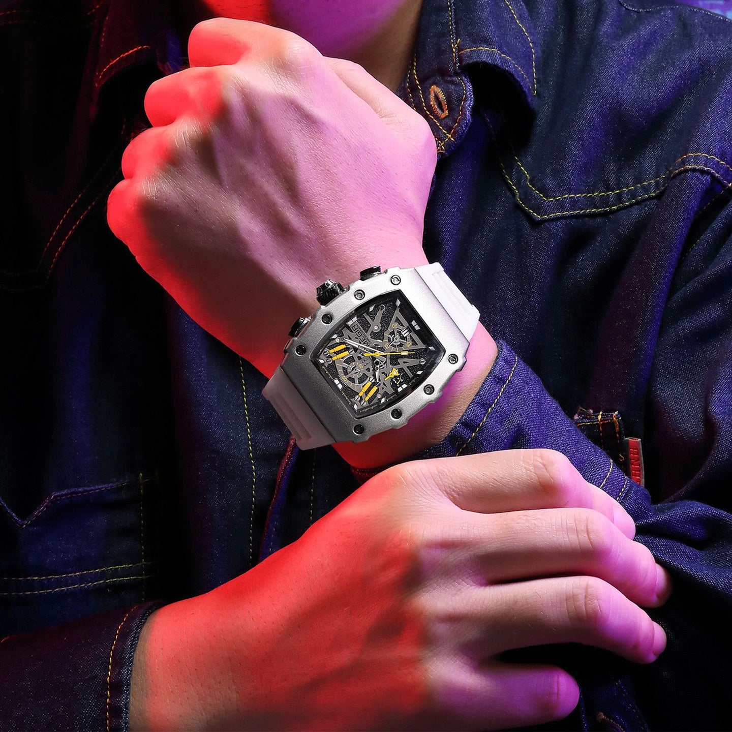 Black and orange MEGIR 2218 men's military chronograph watch with skeleton dial, silicone strap, and multiple subdials for outdoor sports