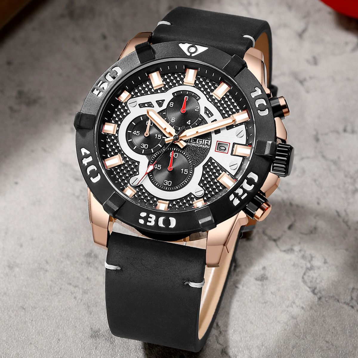 Luxury men's chronograph sports watch with large 48.5mm black bezel, black leather strap, rose gold case, and detailed dial with subdials and date windowLuxury men's chronograph sports watch with large 48.5mm black bezel, black leather strap, rose gold case, and detailed dial with subdials and date window