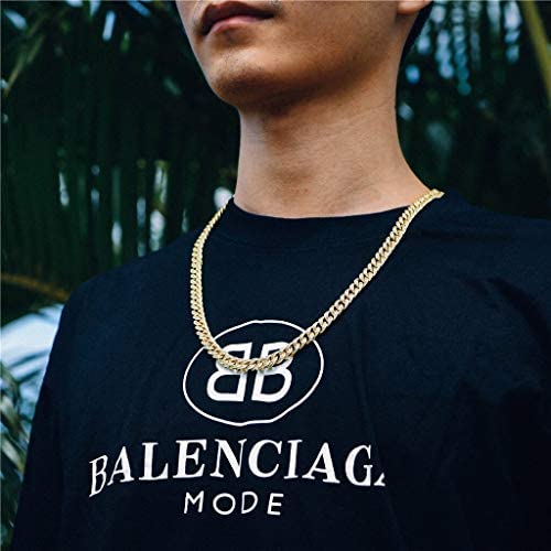 Gold Cuban link necklace with 8mm width, encrusted with sparkling cubic zirconia stones,