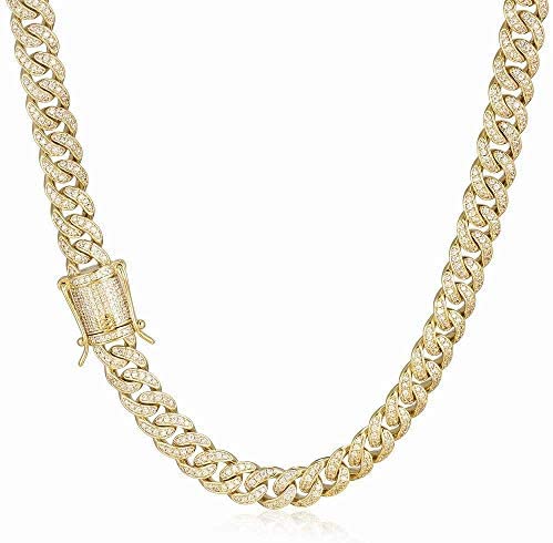 Gold Cuban link necklace with 8mm width, encrusted with sparkling cubic zirconia stones,