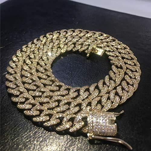 Gold Cuban link necklace with 8mm width, encrusted with sparkling cubic zirconia stones, featuring a secure clasp, on black background