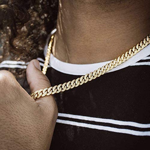 Gold Cuban link necklace with 8mm width, encrusted with sparkling cubic zirconia stones,
