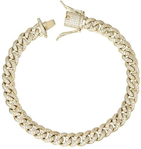 Gold Cuban link necklace with 8mm width, encrusted with sparkling cubic zirconia stones,