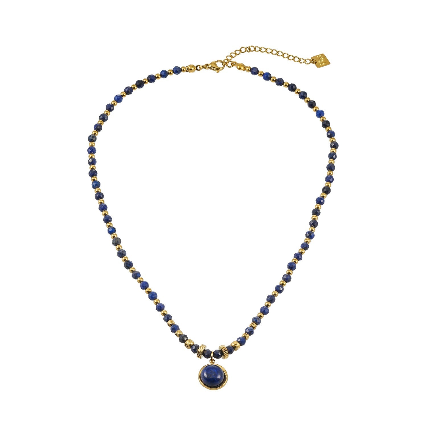 Elegant beaded necklace featuring deep blue lapis lazuli stones and gold accents with a round lapis lazuli pendant, perfect for sophisticated style.