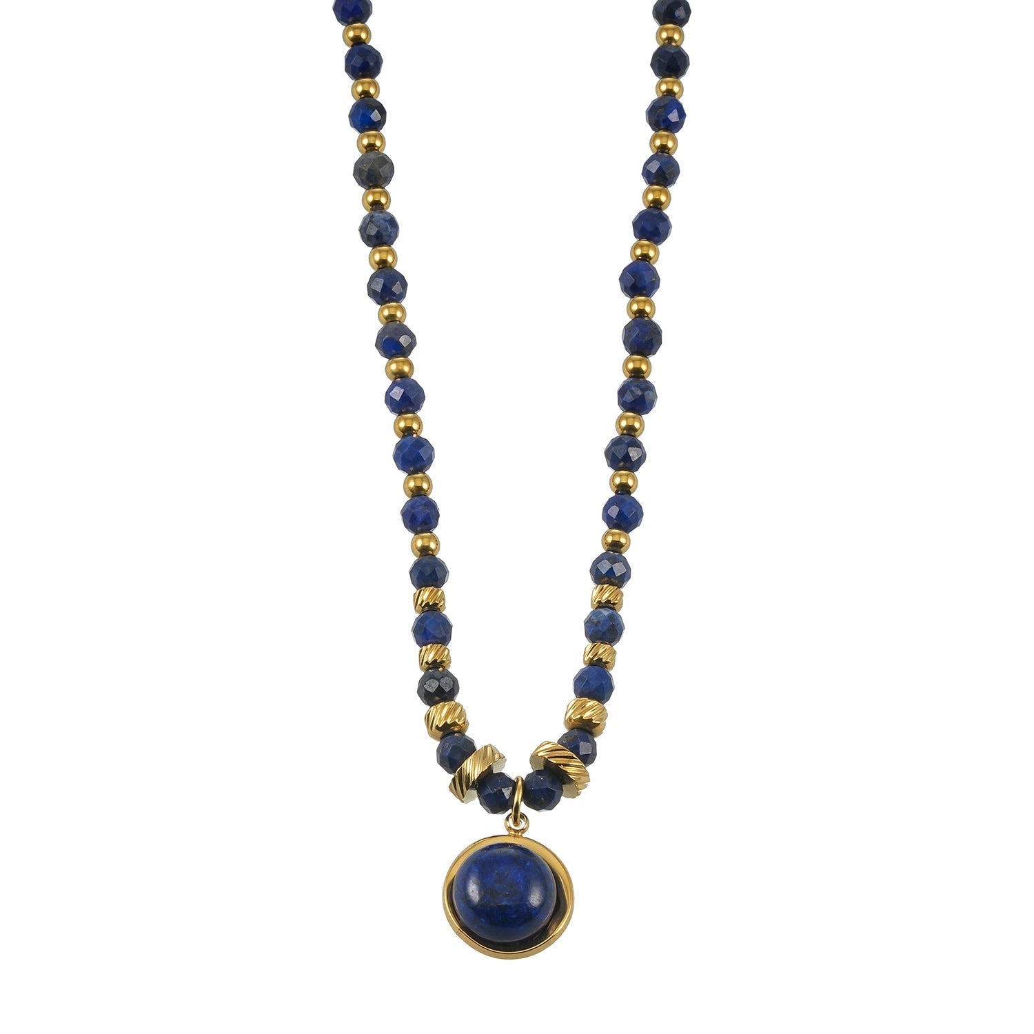 Elegant beaded necklace featuring deep blue lapis lazuli stones and gold accents with a round lapis lazuli pendant, perfect for sophisticated style.