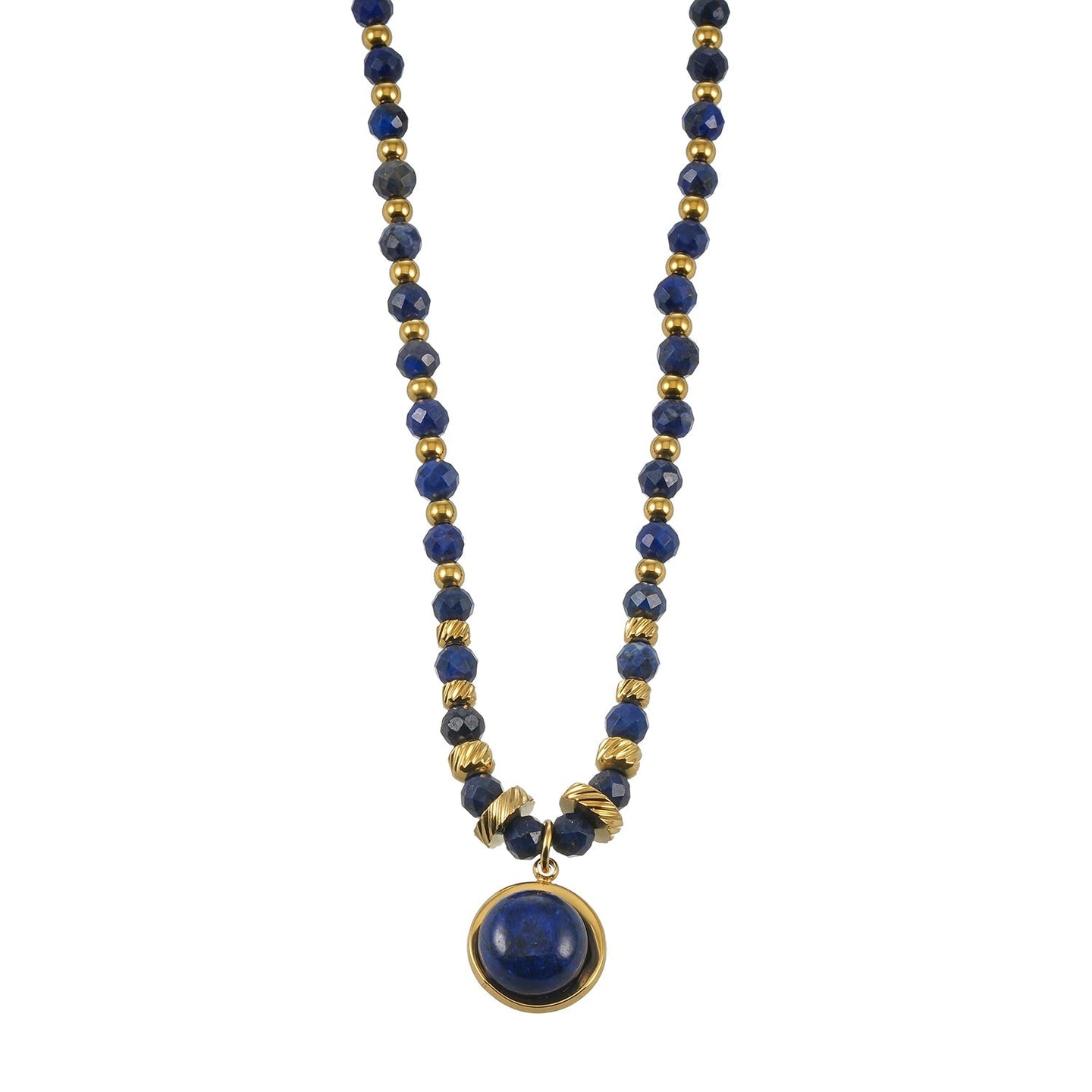 Elegant beaded necklace featuring deep blue lapis lazuli stones and gold accents with a round lapis lazuli pendant, perfect for sophisticated style.