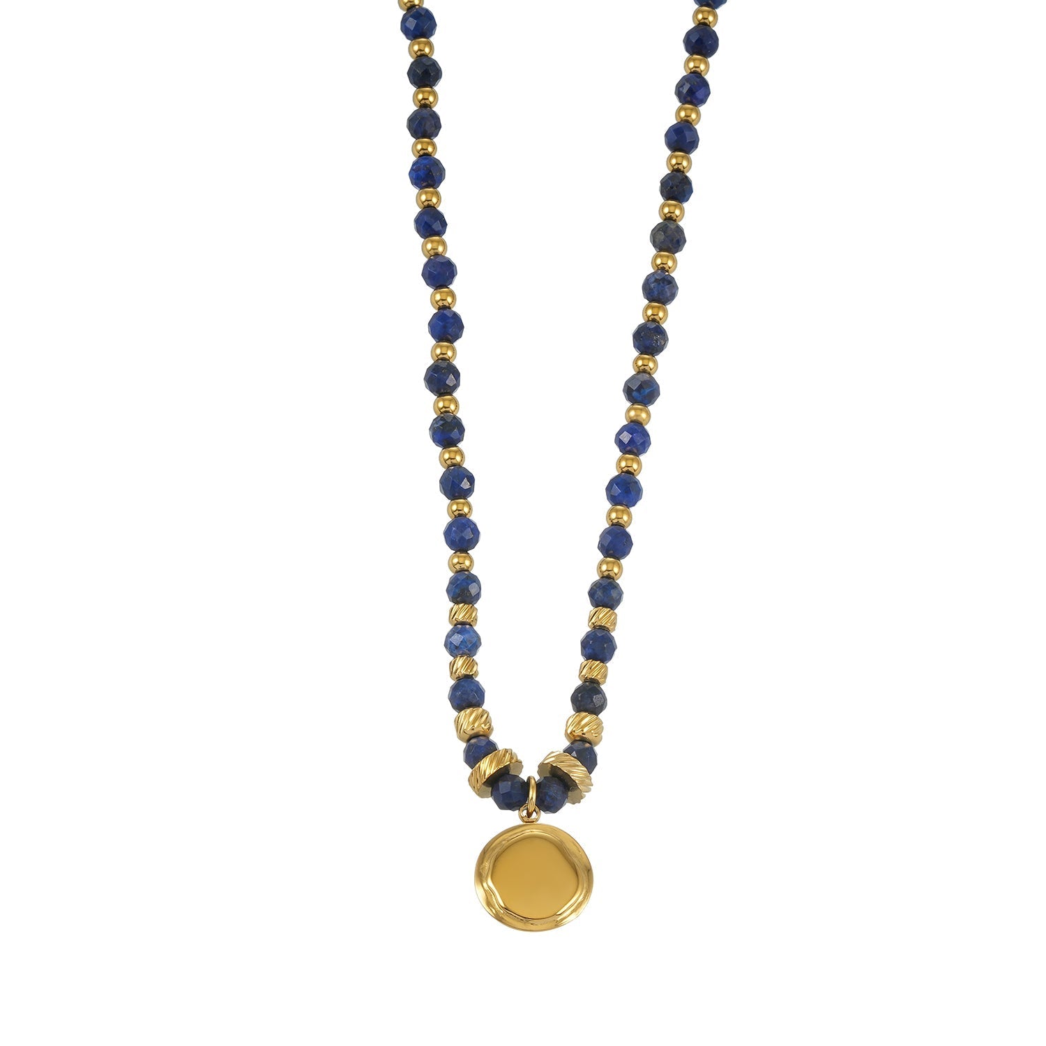 Elegant beaded necklace featuring deep blue lapis lazuli stones and gold accents with a round lapis lazuli pendant, perfect for sophisticated style.