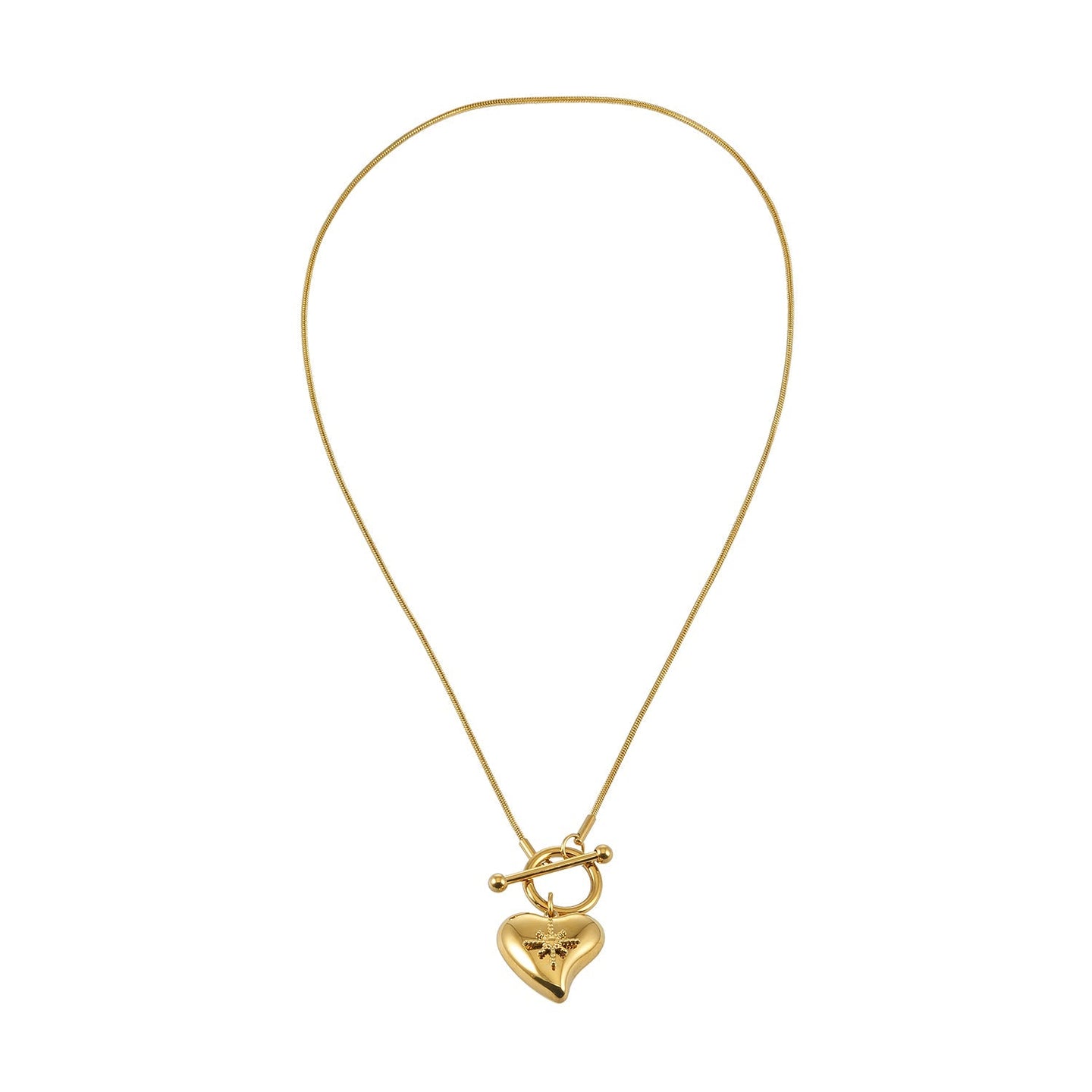 Gold heart toggle pendant necklace with a shiny gold finish, featuring a heart-shaped charm and toggle clasp, perfect for everyday wear or gifting.