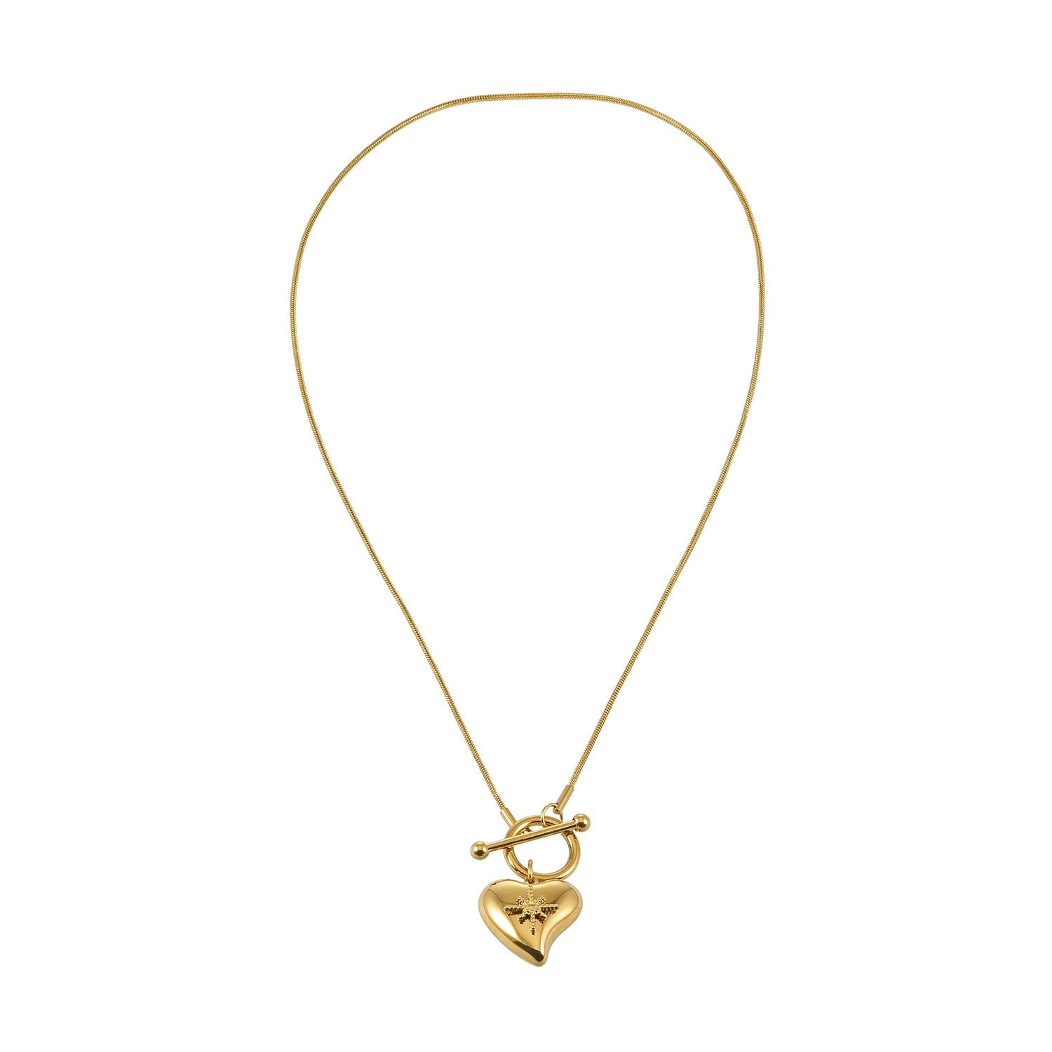 Gold heart toggle pendant necklace with a shiny gold finish, featuring a heart-shaped charm and toggle clasp, perfect for everyday wear or gifting.