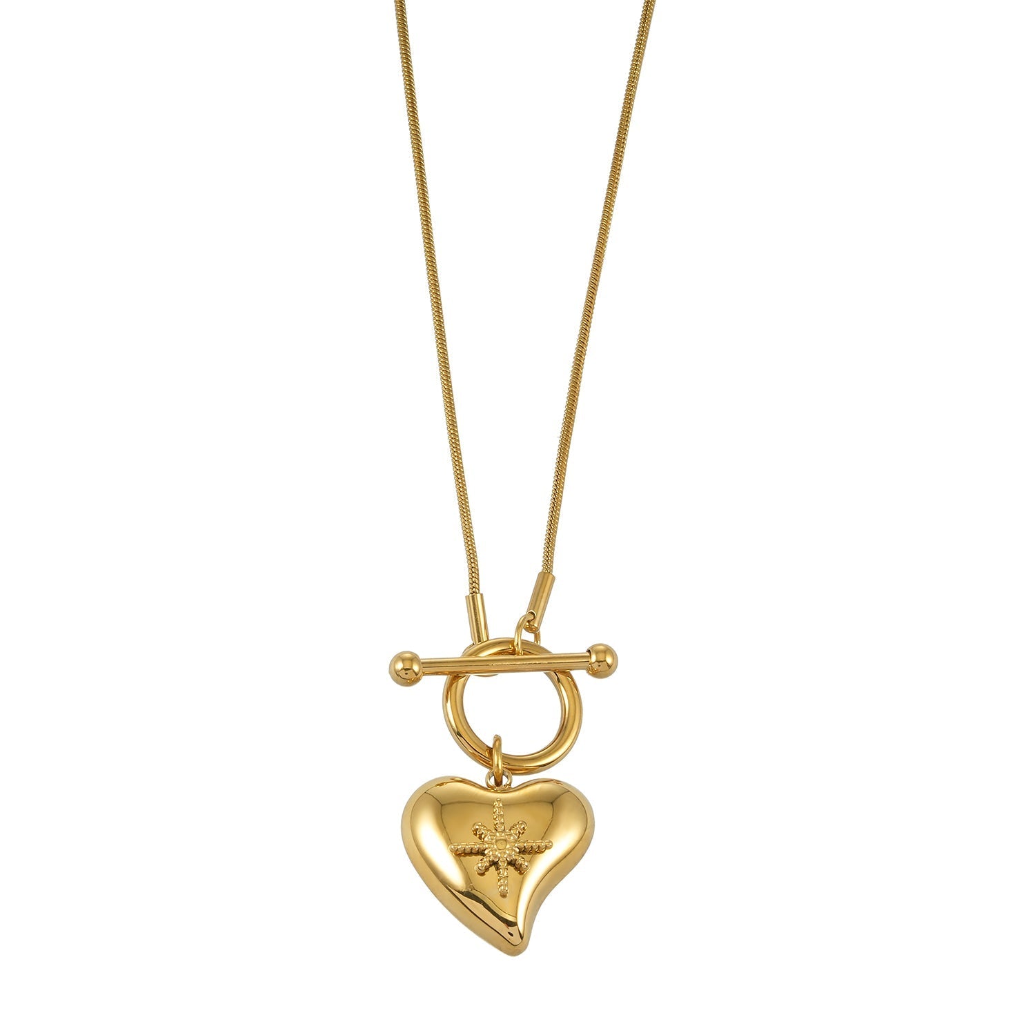 Gold heart toggle pendant necklace with a shiny gold finish, featuring a heart-shaped charm and toggle clasp, perfect for everyday wear or gifting.