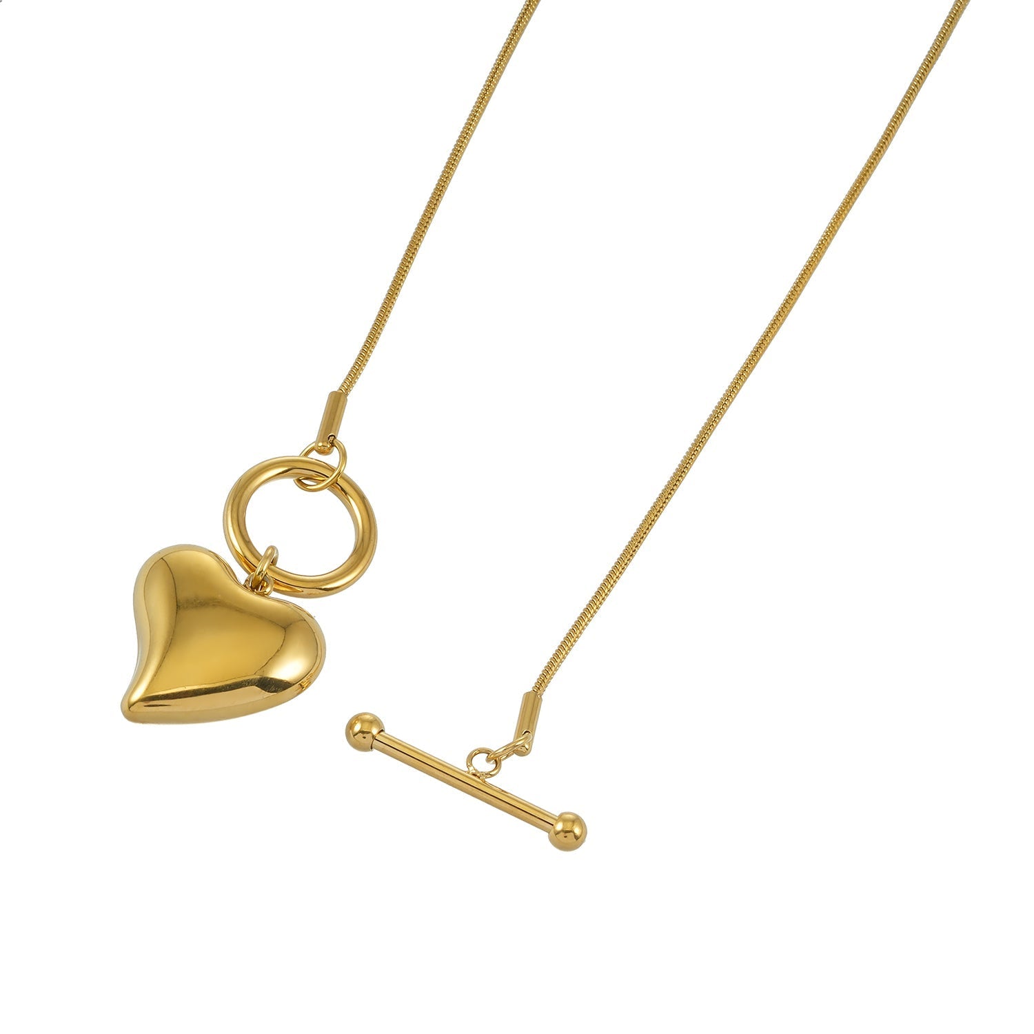 Gold heart toggle pendant necklace with a shiny gold finish, featuring a heart-shaped charm and toggle clasp, perfect for everyday wear or gifting.
