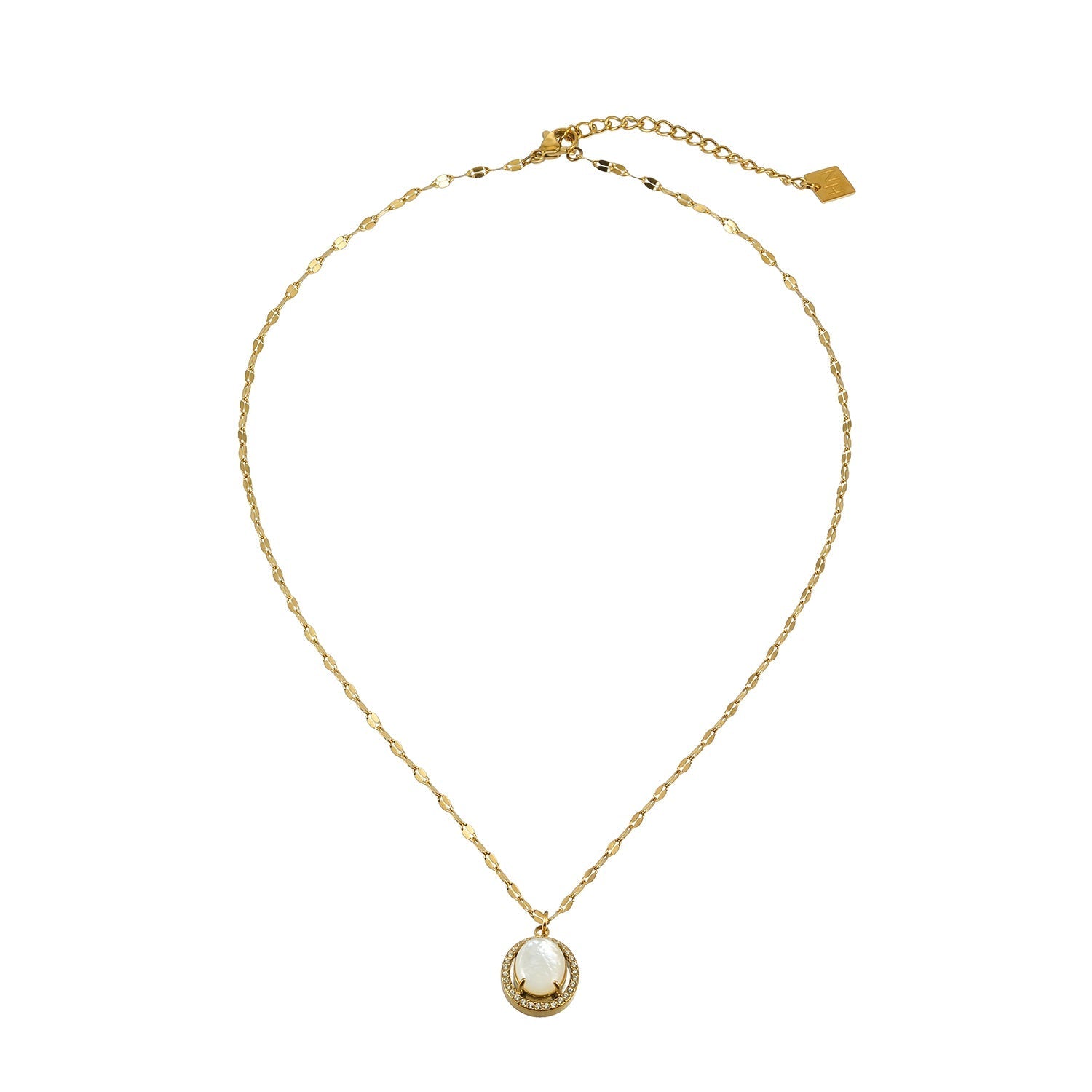 Gold pendant necklace with a freshwater pearl center, surrounded by a halo of sparkling zirconia stones, on a delicate gold chain
