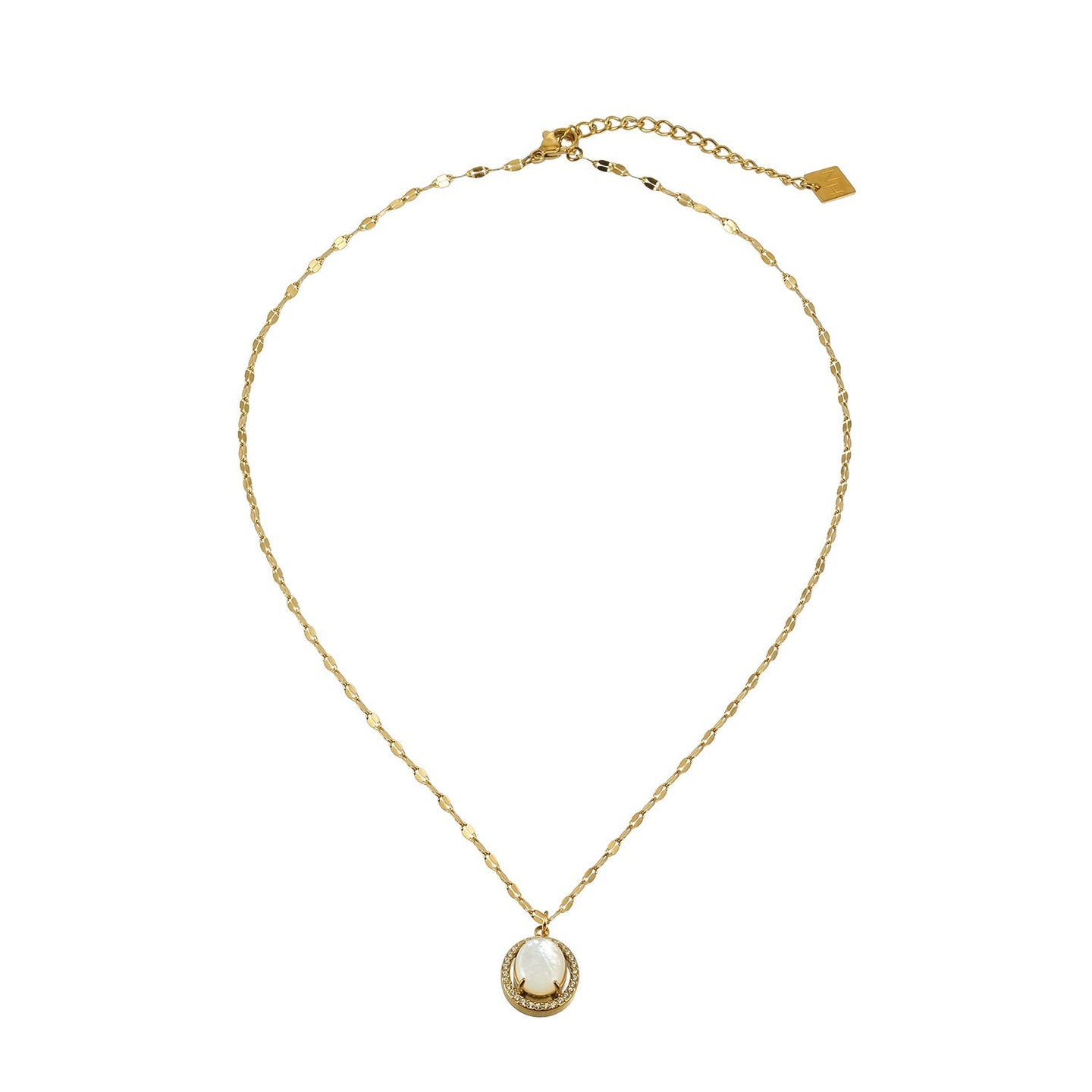 Gold pendant necklace with a freshwater pearl center, surrounded by a halo of sparkling zirconia stones, on a delicate gold chain