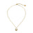 Gold pendant necklace with a freshwater pearl center, surrounded by a halo of sparkling zirconia stones, on a delicate gold chain
