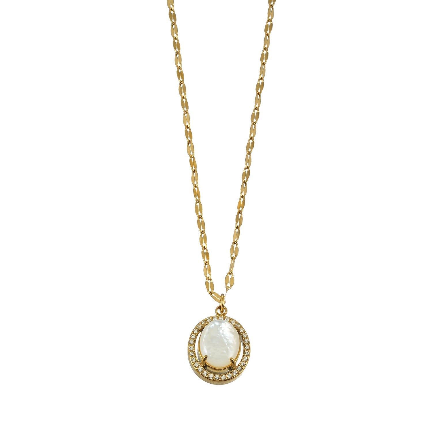 Gold pendant necklace with a freshwater pearl center, surrounded by a halo of sparkling zirconia stones, on a delicate gold chain