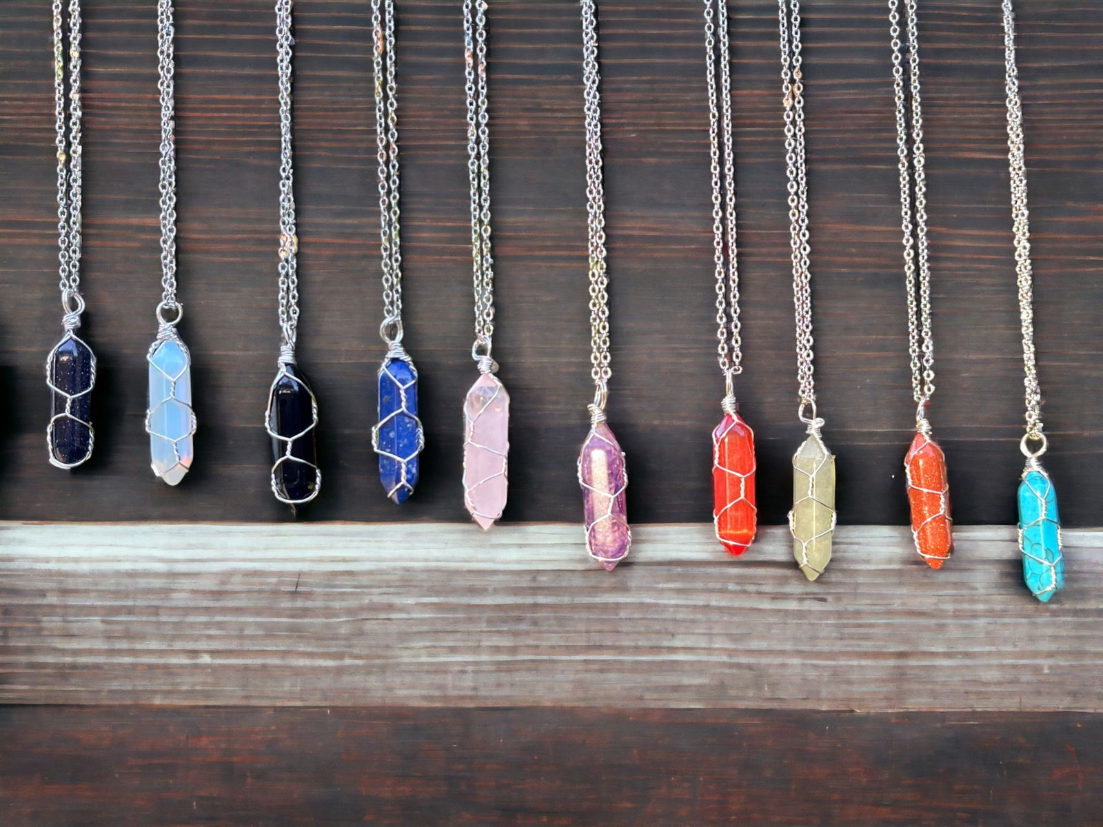 Silver chain necklace with a wire-wrapped all